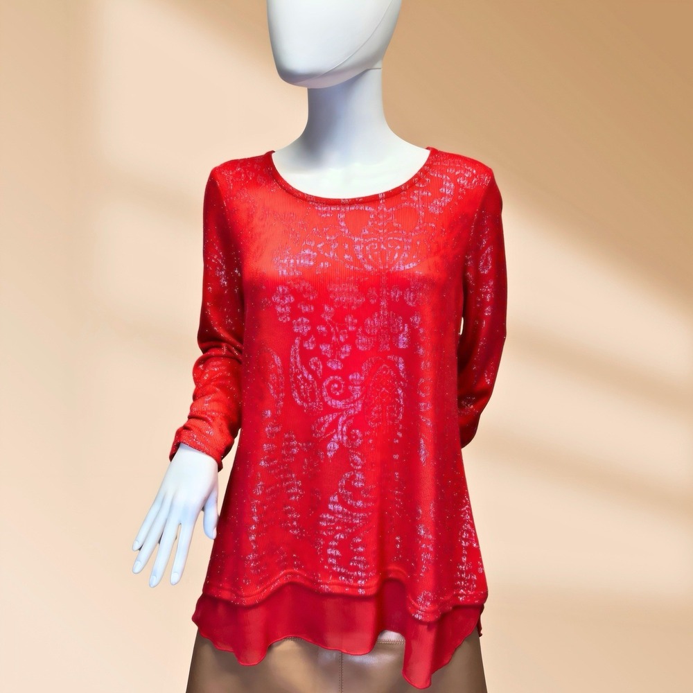 Ransom Lightweight Sweater Knit Fabric Ladies Sz L Bright Red w Silver Accents